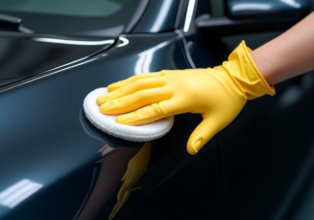 Una mano con un guanto applica cera protettiva sulla carrozzeria lucida di un'auto.