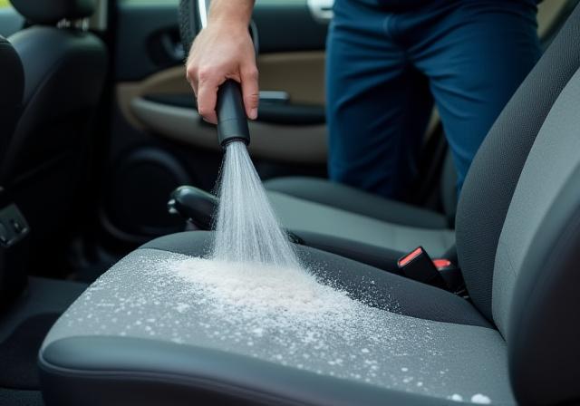 Un addetto usa un'aspirapolvere professionale per pulire il sedile di un'auto.