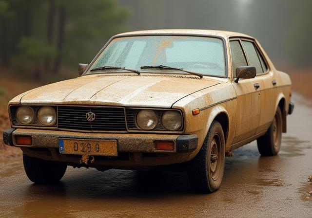 Un'auto familiare coperta di fango e polvere prima del lavaggio.