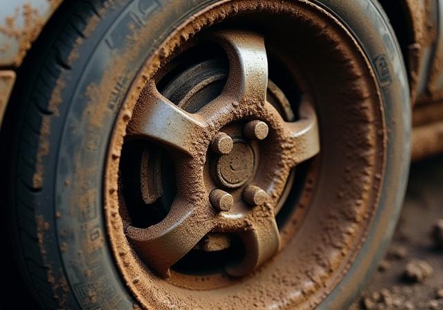 Un cerchione di auto sporco con incrostazioni di fango e polvere.