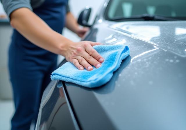 Un addetto che asciuga una fiancata di un'auto dopo il lavaggio.