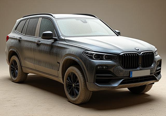 Un SUV nero opaco ricoperto di polvere e sporco, prima del detailing.